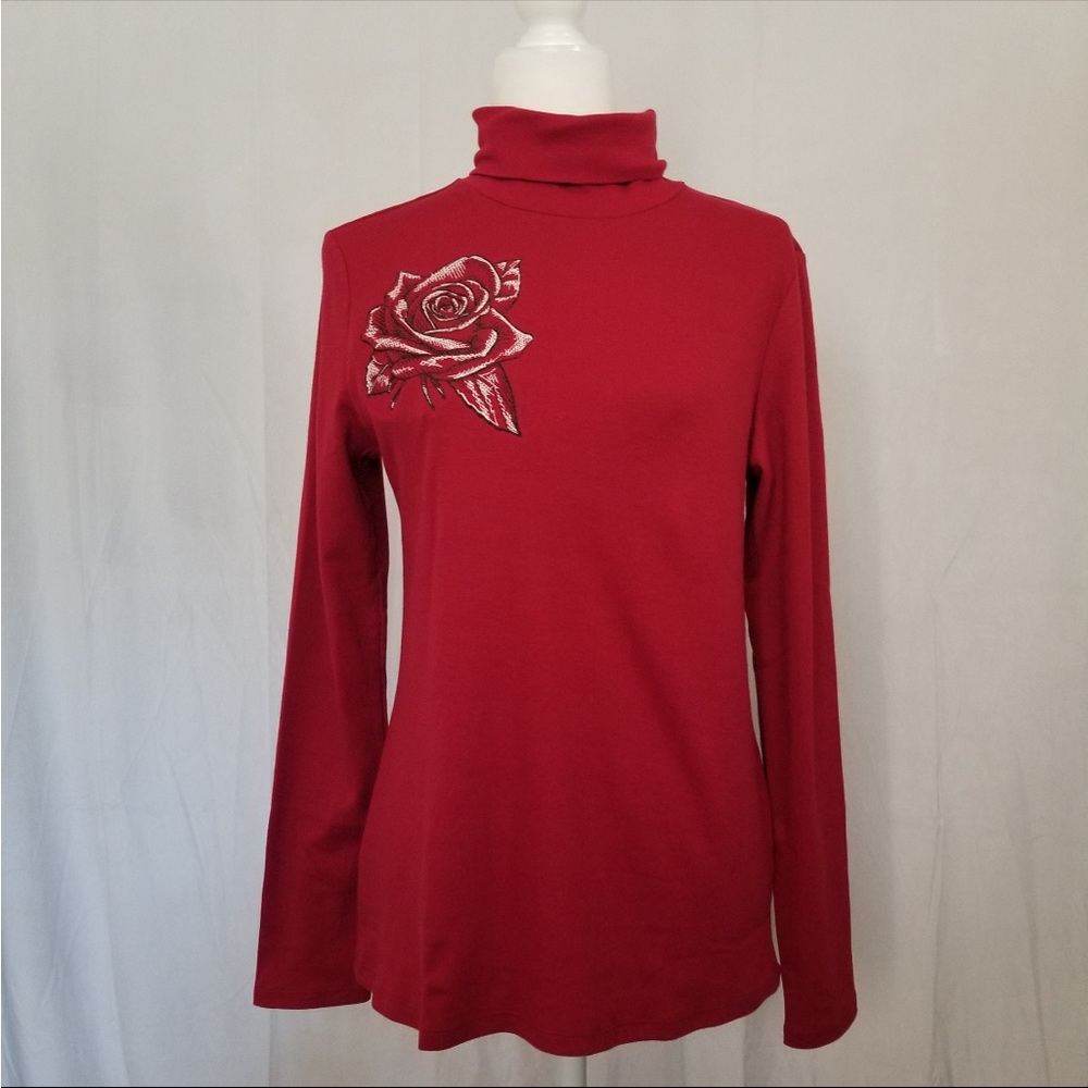 Red Cotton Rose Embroidered Turtleneck